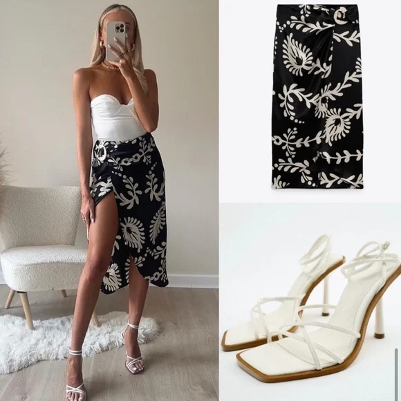 Zara | Skirts | Zara Satin Midi Skirt Black White Side